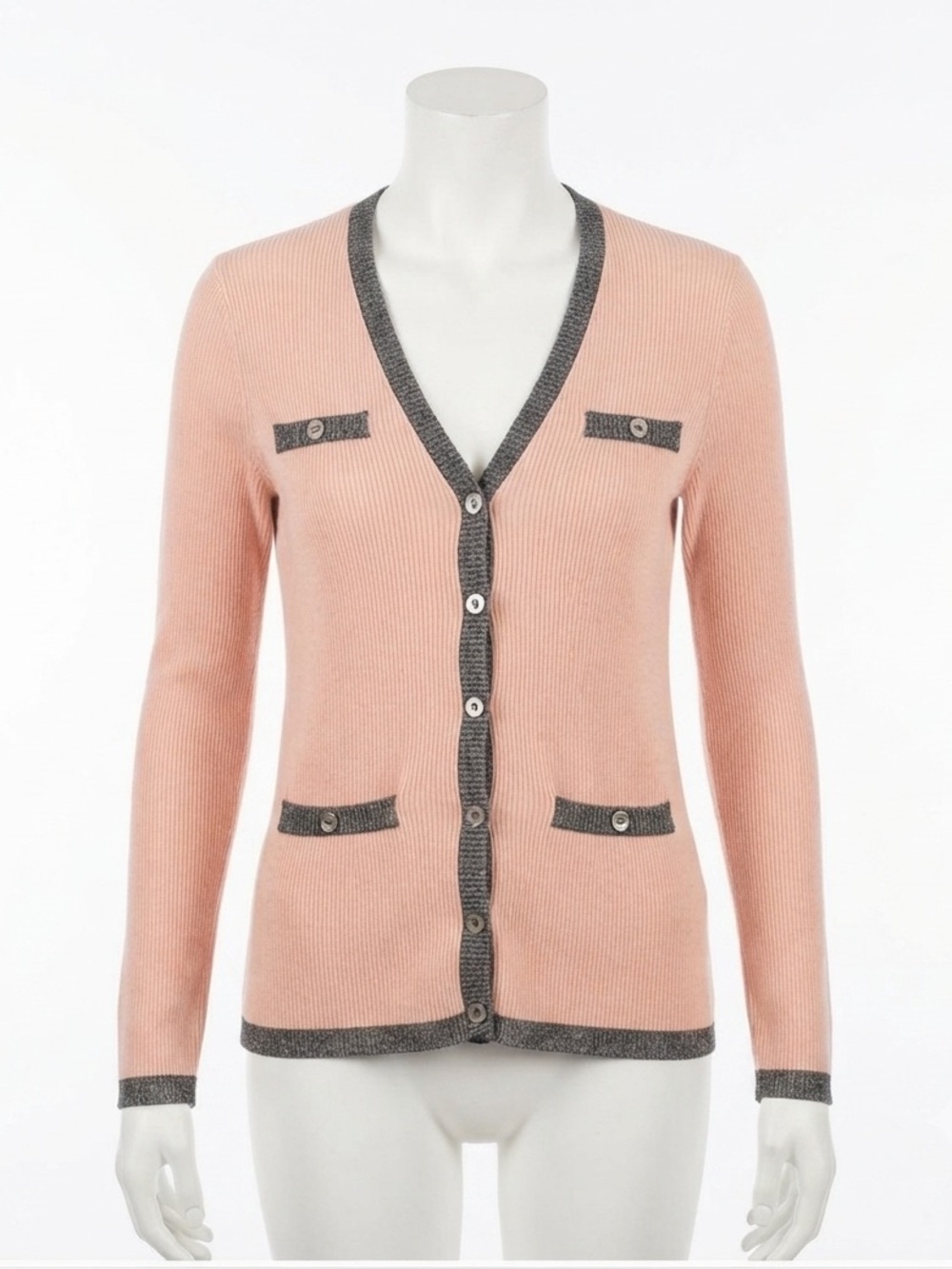 Karl Lagerfeld Paris Pink Ribbed Cardigan Gray Trim Logo Buttons Sz S